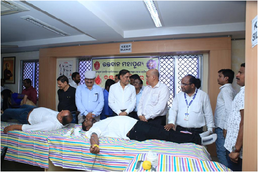 Donors give blood at the mega camp held with Kalinga Bharati Residential College.
